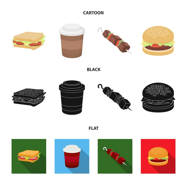 Sandwich, káva, šíš kebab, hamburger. Rychlé občerstvení sada kolekce ikon v karikatuře, černá, plochý vektor symbol skladem ilustrace web. — Stockový vektor