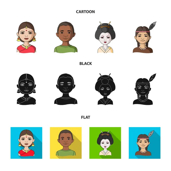 Индианка, африканка, японка, индианка. Иконки коллекций человеческих рас в мультипликационной, черной, плоской векторной иллюстрационной паутине . — стоковый вектор