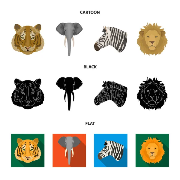 Tygr, lev, slon, zebra, realistické zvířat nastavení kolekce ikon v karikatuře, černá, plochý vektor symbol skladem ilustrace web. — Stockový vektor