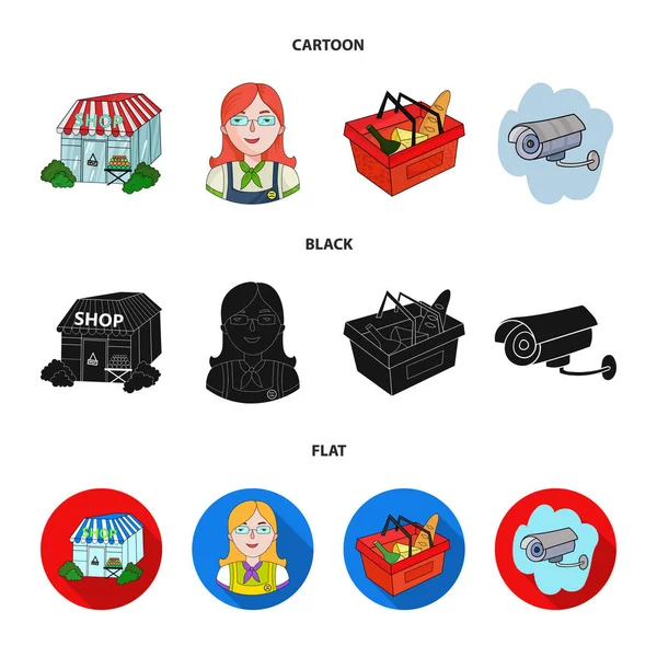 Verkäufer, Frau, Korb, Plastik .Supermarkt Set Sammlung Symbole in Cartoon, schwarz, flachen Stil Vektor Symbol Stock Illustration Web. — Stockvektor