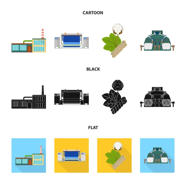 Fábrica, empresa, edifícios e outro ícone da web em desenhos animados, preto, estilo plano. Têxtil, indústria, ícones de tecido na coleção de conjuntos . —  Vetores de Stock