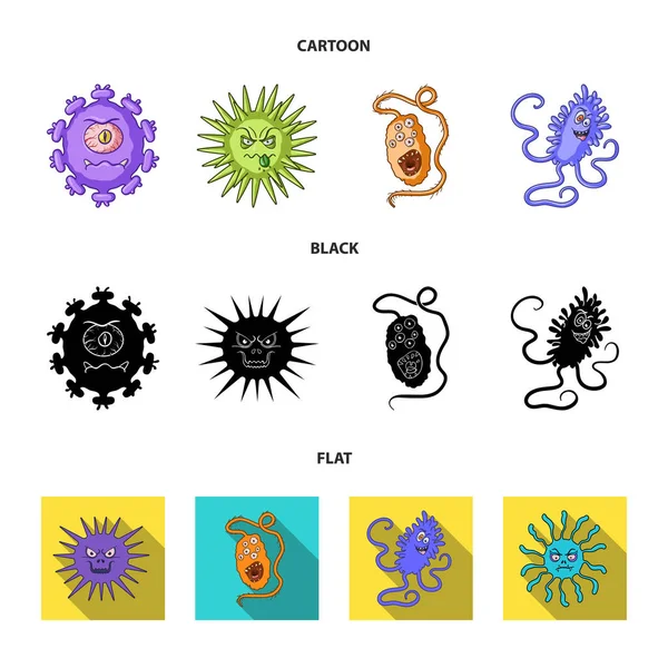 Diferentes tipos de microbios y virus. Iconos de colección de virus y bacterias conjunto en dibujos animados, negro, estilo plano vector símbolo stock ilustración web . — Vector de stock