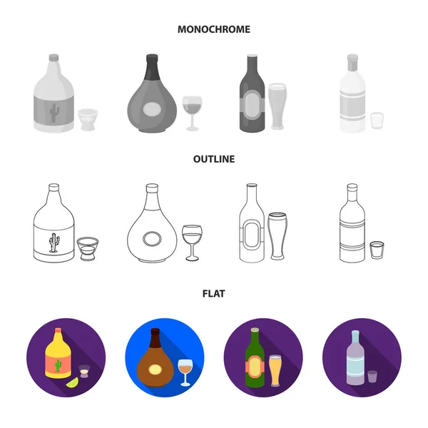 白ワイン、赤ワイン、ジン、サングリア。アルコールはフラット、アウトライン、モノクロ スタイル ベクトル シンボル ストック イラスト web コレクションのアイコンを設定. — ストックベクタ