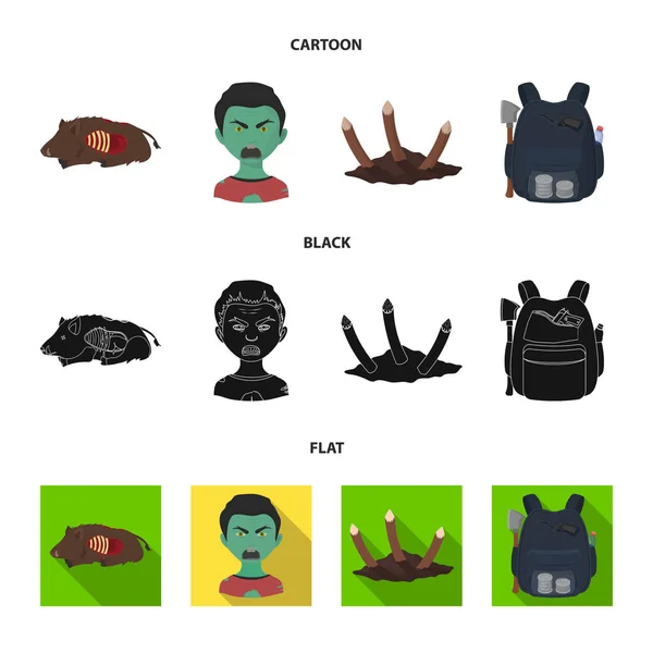 Dibujos animados Zombies and Attributes, negro, iconos planos en la colección de conjuntos para el diseño. Hombre muerto vector símbolo stock web ilustración . — Vector de stock