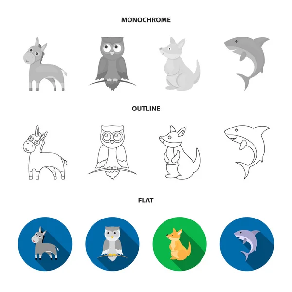 鲸鱼, 大象, 蛇, 狐狸。动物集合图标在平面, 轮廓, 单色样式矢量符号股票插画网站. — 图库矢量图片