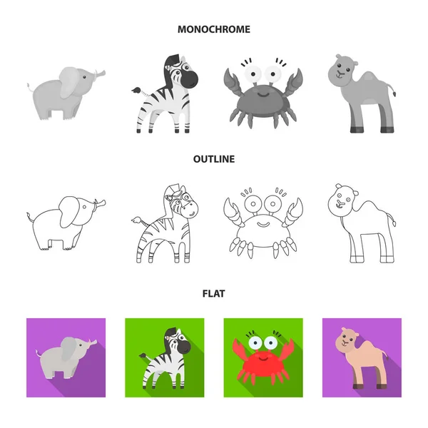 Un plano poco realista, contorno, iconos de animales monocromáticos en la colección de conjuntos para el diseño. Animales de juguete vector símbolo stock web ilustración . — Vector de stock