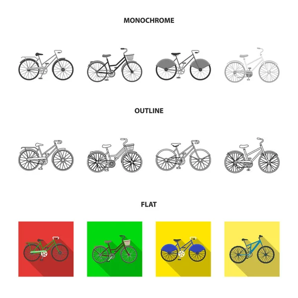 Kinderfahrrad und andere Arten. Verschiedene Fahrräder setzen Sammlungssymbole in flachem, konturiertem, monochromen Stil Vektor-Symbol Stock Illustration Web. — Stockvektor