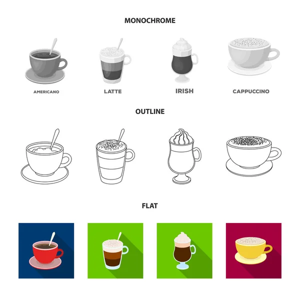 Mokka, macchiato, frappe, wziąć kawę. Różne rodzaje kawy zestaw kolekcji ikon w płaskim, konspekt, www ilustracji symbol wektor styl monochromatyczny. — Wektor stockowy