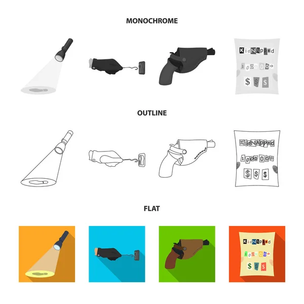 侦探手电筒照亮了足迹, 刑事手与主钥匙, 手枪在枪套, 绑匪声称。犯罪和侦探集合图标在平面, 轮廓 — 图库矢量图片