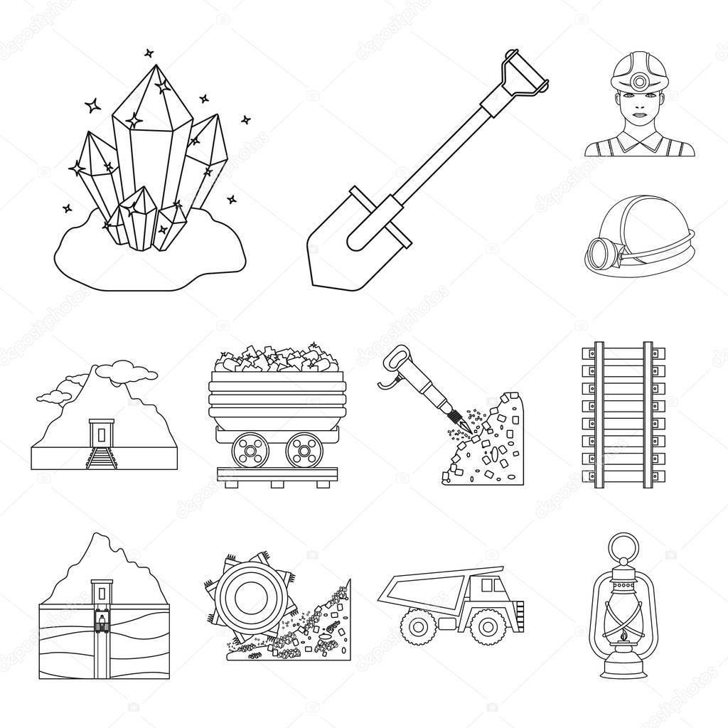Mining industry outline icons in set collection for design. Equipment and tools vector symbol stock web illustration.