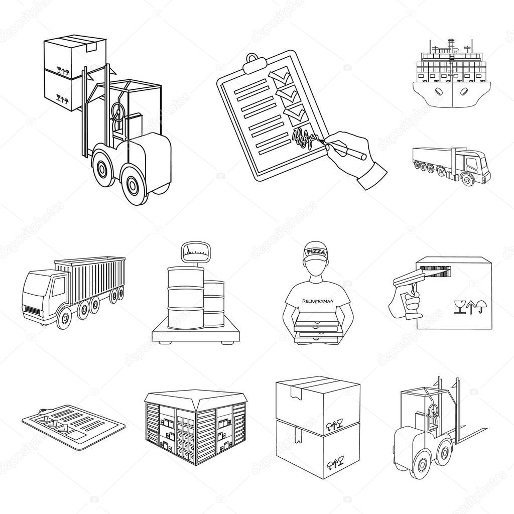 Logistics and delivery outline icons in set collection for design. Transport and equipment isometric vector symbol stock web illustration.