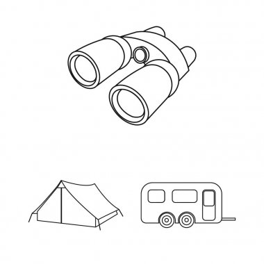 Set koleksiyonu tasarım için kamp anahat simgeleri içinde bekletin. Kamp ve ekipman sembol stok web illüstrasyon vektör.