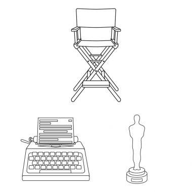 Filmler ve sinema anahat simgeleri set koleksiyonu tasarım için. Film ve öznitelikleri sembol stok web illüstrasyon vektör.