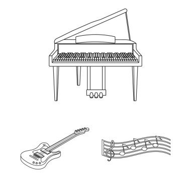 Müzik aleti anahat simgeleri set koleksiyonu tasarım için. Resimde web dize ve Nefesli/Üflemeli Saz izometrik vektör simge stok.