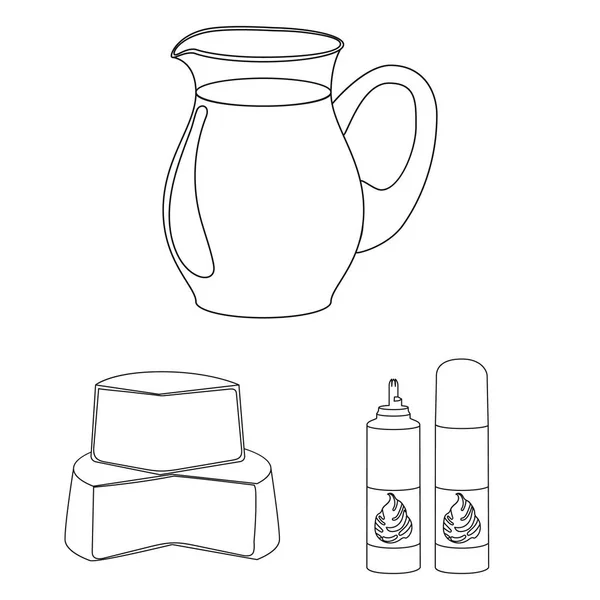 Iconos del esquema del producto de leche en la colección del sistema para la ilustración de la tela del símbolo del vector de la leche y del alimento del diseño. . — Archivo Imágenes Vectoriales