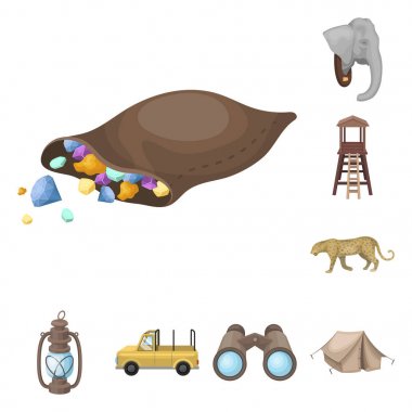 Afrika Safari çizgi film set koleksiyonu tasarım için simgeler. Sembol stok web illüstrasyon vektör kupa ve Safari için donatım.