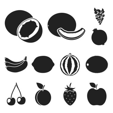 Farklı meyve set koleksiyonu tasarım için simgeler siyah. Meyve ve vitaminler sembol stok web illüstrasyon vektör.
