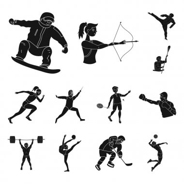 Spor çeşitleri set koleksiyonu tasarım için simgeler siyah. Atlet, yarışmalar sembol stok web illüstrasyon vektör.