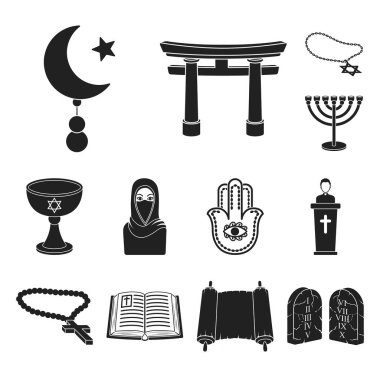 Din ve inanç set koleksiyonu tasarım için simgeler siyah. Aksesuarlar, dua vektör simge stok web çizimi.