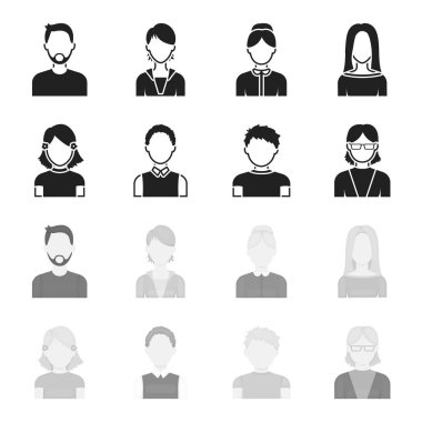 Kızıl saçlı çocuk, genç kız, gözlüklü büyükanne. Avatar toplama simgeler siyah, tek renkli stil vektör simge stok çizim web içinde ayarla..