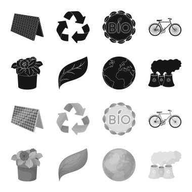 Bir işleme tesisi, bir pot, yeşil bir yaprak, bir gezegen Earth.Bio ve ekoloji çiçek toplama simgeler siyah, tek renkli stil vektör simge stok çizim web içinde ayarla.