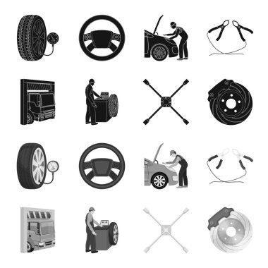 Tekerlek Dengeleme, somun anahtarı ve fren disk set koleksiyonu tasarım için siyah, tek renkli simgeler. Araba bakım istasyonu vektör simge stok çizim web.