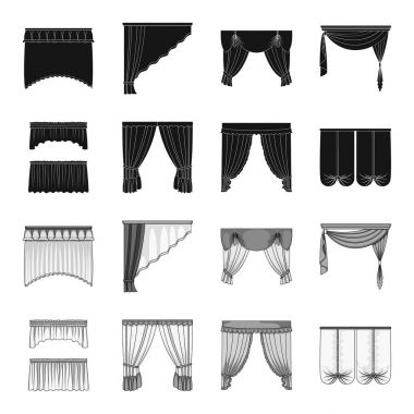 Pencere perdeleri farklı türleri. Perdeleri toplama simgeler siyah, tek renkli stil vektör simge stok çizim web içinde ayarla..
