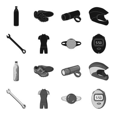 Bir İngiliz anahtarı, bir bisikletçi kemik, bir yansıtıcı, bir zamanlayıcı. Bisikletçi kıyafet toplama simgeler siyah, tek renkli stil vektör simge stok çizim web içinde ayarla..