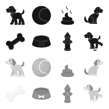 Bir kemik, bir yangın musluğu, bir kase gıda, pissing bir köpek. Köpek toplama simgeler siyah, tek renkli stil vektör simge stok çizim web içinde ayarla..