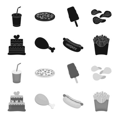 Pasta, jambon, sosis, patates kızartması. Fast food toplama simgeler siyah, tek renkli stil vektör simge stok çizim web içinde ayarla..
