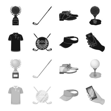 Golf club, güneşlik, golfçü gömlek, telefon bir navigator ile kap arması. Golf club toplama simgeler siyah, tek renkli stil vektör simge stok çizim web içinde ayarla..