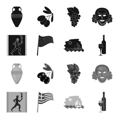 Yunanistan, çalıştıran, şarap, bayrak. Yunanistan toplama simgeler siyah, tek renkli stil vektör simge stok çizim web içinde ayarla..