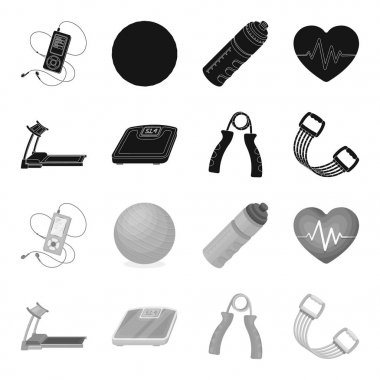 Koşu bandı, ölçekler, expander ve ekipman eğitim için diğer. Spor ve egzersiz toplama simgeler siyah, tek renkli stil vektör simge stok çizim web ayarla.