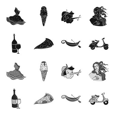 Bir şişe şarap, bir parça pizza, bir gundola, bir scooter. İtalya toplama simgeler siyah, tek renkli stil vektör simge stok çizim web içinde ayarla..
