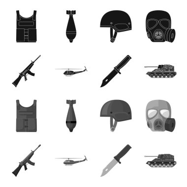 Saldırı tüfeği M16, helikopter, tank, savaş bıçak. Askeri ve ordu toplama simgeler siyah, tek renkli stil vektör simge stok çizim web ayarla.