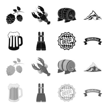 Şort pantolon askısı, bir bardak bira, bir işaret, bir amblem. Oktoberfest toplama simgeler siyah, tek renkli stil vektör simge stok çizim web içinde ayarla..