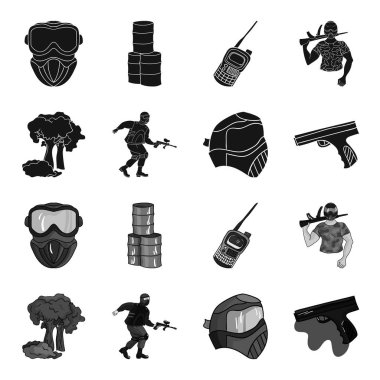Maske, silah, boya, stok. Paintball toplama simgeler siyah, tek renkli stil vektör simge stok çizim web içinde ayarla..
