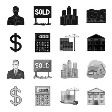 Hesap makinesi, dolar işareti, yeni bina, Emlak Ofisleri. Emlakçı toplama simgeler siyah, tek renkli stil vektör simge stok çizim web içinde ayarla..