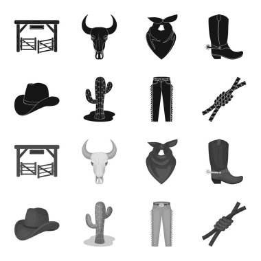 Şapka, kaktüs, kot, Kement düğüm. Rodeo toplama simgeler siyah, tek renkli stil vektör simge stok çizim web içinde ayarla..