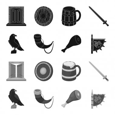 Karga, boynuz içki, jambon, zafer bayrak ile oturuyor. Vikingler toplama simgeler siyah, tek renkli stil vektör simge stok çizim web içinde ayarla..