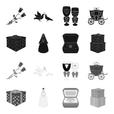 Düğün ve öznitelikleri siyah, tek renkli simgeler set koleksiyonu tasarım için. Sembol stok web illüstrasyon vektör yeni evliler ve aksesuarları.