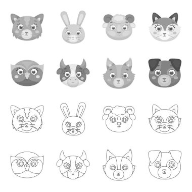 Baykuş, inek, kurt, köpek. Hayvan namlu toplama simgeler anahat, tek renkli stil vektör simge stok çizim web ayarla..