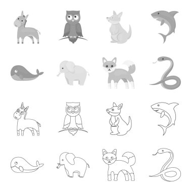 Balina, fil, yılan, fox. Hayvan toplama simgeler anahat, tek renkli stil vektör simge stok çizim web ayarla..