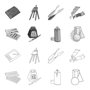 Balonchik boyalar, boya, sulu boya bir kutu içinde tüplerini mürekkep bir şişe ve bir kalem. Sanatçı ve çizim set simgeler anahat, tek renkli stil vektör simge stok çizim web.