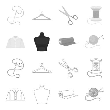 Bir gömlek, bir manken, bir rulo kumaş, konu ve örgü iğneleri bir top. Atelier toplama simgeler anahat, tek renkli stil vektör simge stok çizim web ayarla..