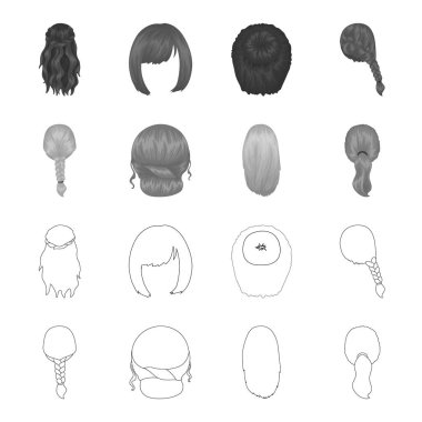 Hafif Örgü, Balık kuyruğu ve diğer türleri saç. Arka saç toplama simgeler anahat, tek renkli stil vektör simge stok çizim web ayarla..