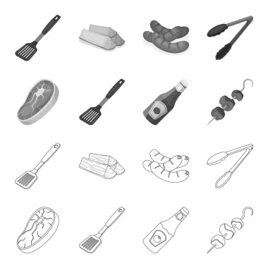 Çiğ et biftek, saplı ızgara, şişe ketçap, şiş kebap. Barbekü toplama simgeler anahat, tek renkli stil vektör simge stok çizim web ayarla..