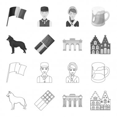Çikolata, katedral ve ülkenin diğer simgeler. Belçika toplama simgeler anahat, tek renkli stil vektör simge stok çizim web ayarla..