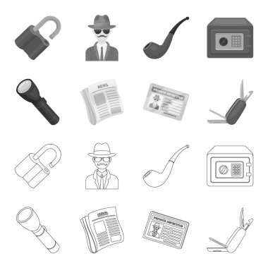 El feneri, gazete haberleri, sertifika, katlama bıçak ile. Dedektif toplama simgeler anahat, tek renkli stil vektör simge stok çizim web ayarla..