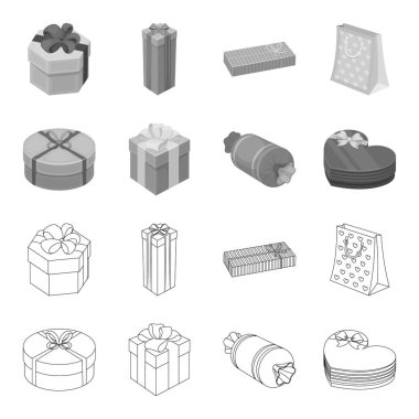Fiyonklu hediye paketi hediye kutusu. Hediyeler ve sertifikaları anahat, tek renkli stil vektör simge stok çizim web simgeler ayarla.